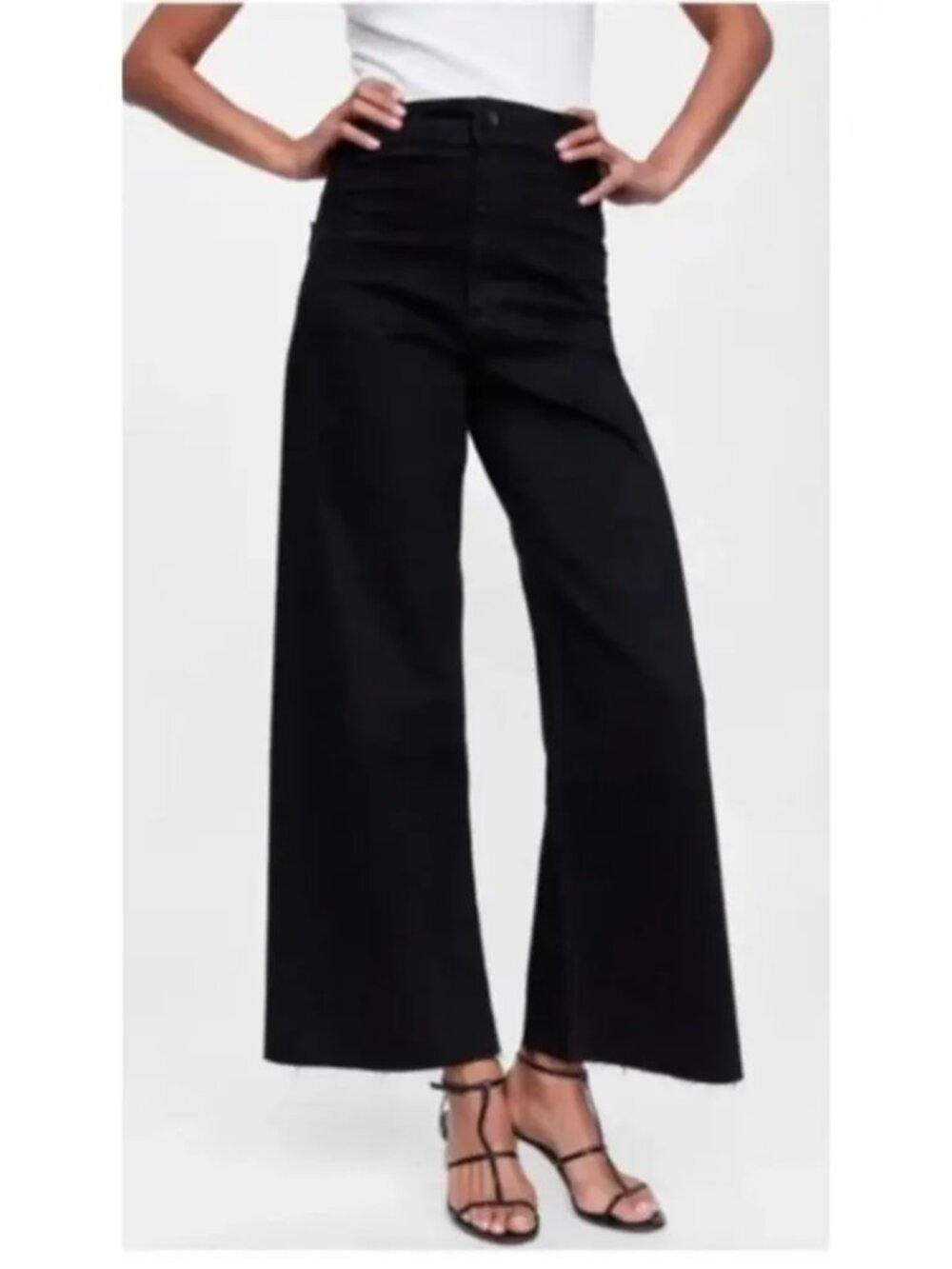 Zara The Marine High Rise Straight Wide Leg Raw Hem Black Jeans Size 2 - Picture 2 of 12